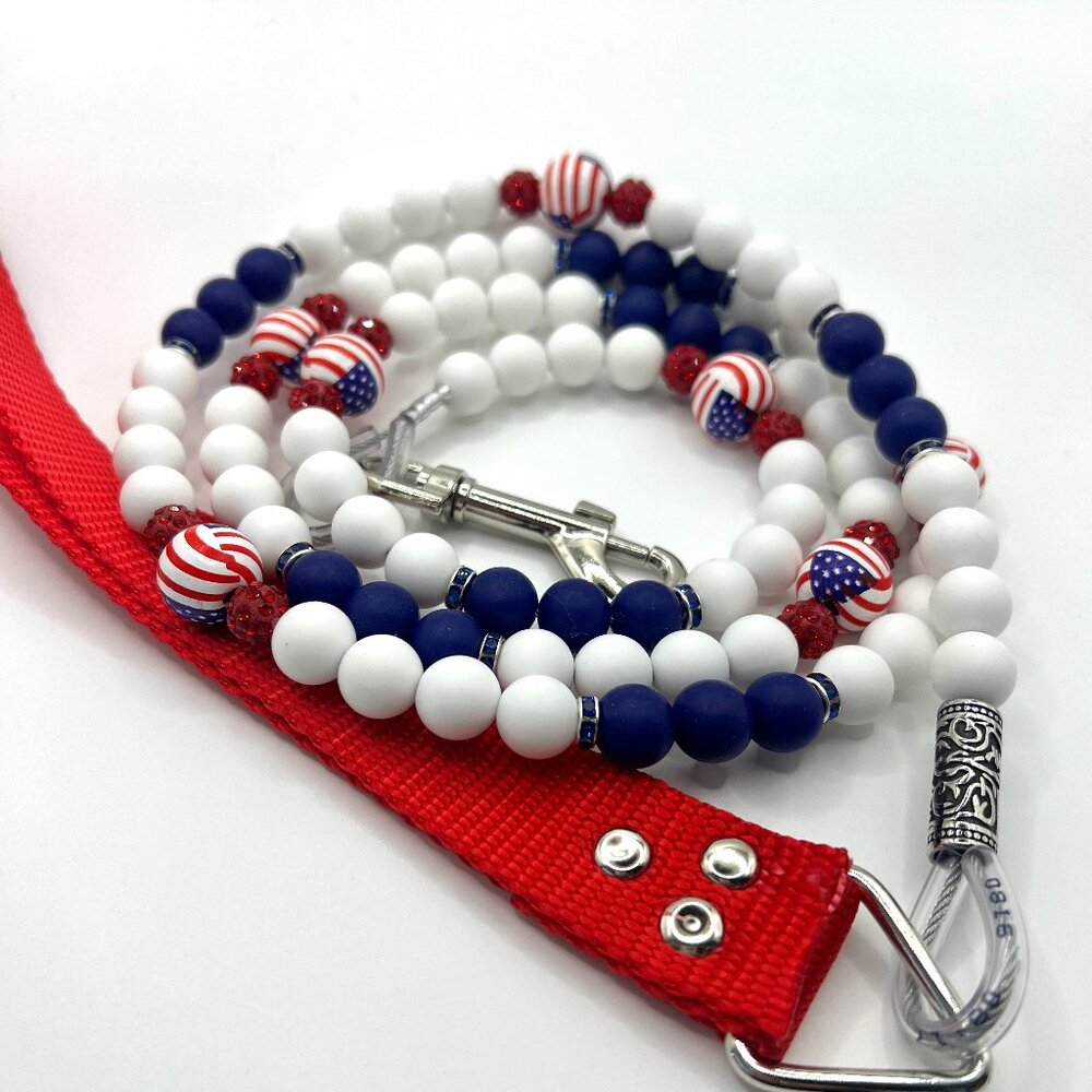 Dog Leash - Boujee Patriotic Beaded - Handmade - Beads, Rhinestones